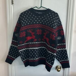 Lands' End Navy and Red Reindeer 100% Wool Sweater Medium made in Scotland